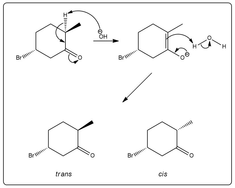 Illustration of isomerization mechanism for trans-5-bromo-2-methylcyclohexanone to cis form.