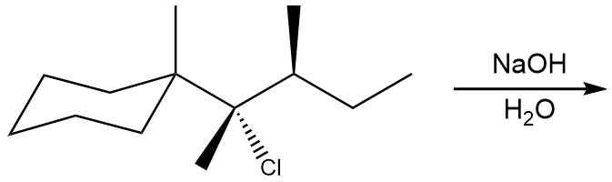 Chemical structure showing an elimination reaction with NaOH and H2O, focusing on stereochemical outcomes.