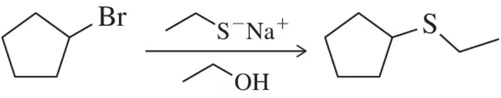 Chemical reaction diagram showing a secondary haloalkane reacting with sodium ethanethiolate to form a thioether.