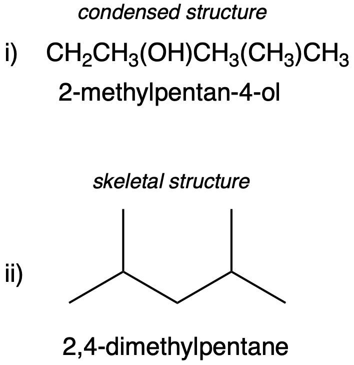 Condensed and skeletal structures of 2-methylpentan-4-ol and 2,4-dimethylpentane.