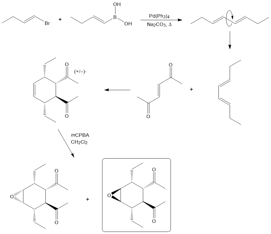 Synthesis pathway for Diels-Alder reaction with product and intermediates.