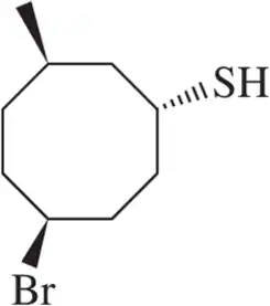 Cyclooctane ring with bromine and thiol groups attached, showing stereochemistry with wedge and dash bonds.