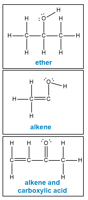 Lewis structures of ether, alkene, and carboxylic acid for organic chemistry.