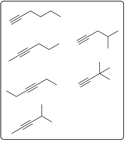 Different structural forms of C6H10 alkynes, illustrating isomerism concepts.
