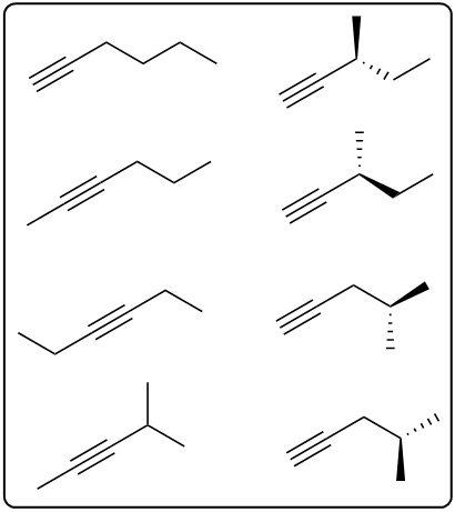 Various structural isomers of C6H10 alkynes, including stereoisomer variations.
