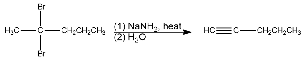 Synthetic transformation of 2,2-dibromopentane to pent-1-yne using NaNH2 and heat.