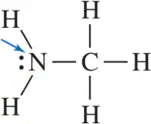 Structural formula of a nitrogen atom with a lone pair, surrounded by hydrogen and carbon atoms, indicating formal charge calculation.