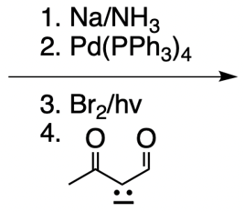 Reaction scheme with Na/NH3, Pd(PPh3)4, and Br2/hv for synthesizing a compound from 1-pentyne.