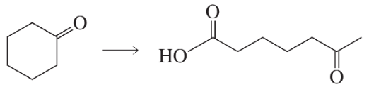Chemical reaction diagram showing the conversion of a cyclic compound to a linear alcohol and carbonyl compound.