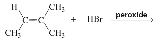 Chemical reaction showing alkene with HBr and peroxide, illustrating anti Markovnikov addition.