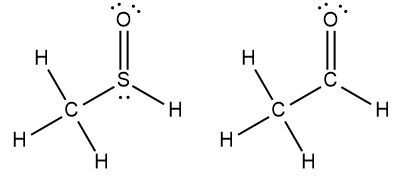 Lewis structures of CH3S(=O)H and CH3C(=O)H showing pyramidal and planar geometries.