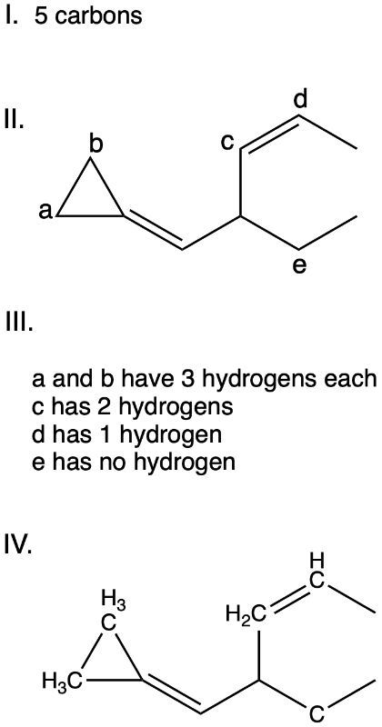 Skeletal structure with labeled carbons and hydrogen counts for 5 carbons.