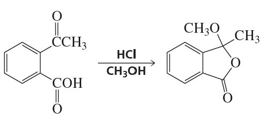 Chemical reaction diagram showing the conversion of a carboxylic acid to a lactone using HCl in methanol.