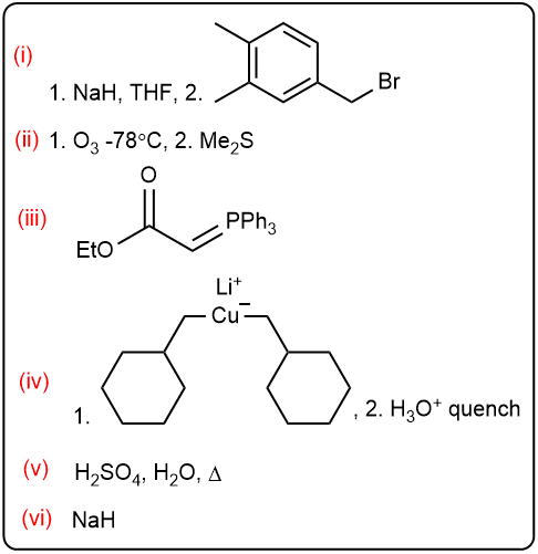 Stepwise reagents and conditions for a multistep organic synthesis with numbered reaction steps and structures.