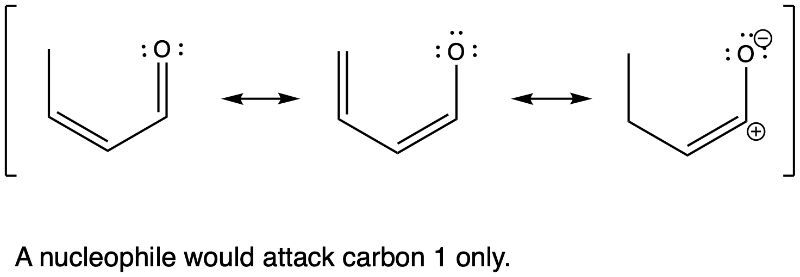 Three resonance structures with nucleophile attacking carbon 1 only.