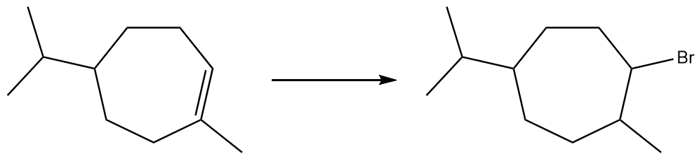 Chemical reaction showing anti Markovnikov addition of Br to a cyclohexene derivative.