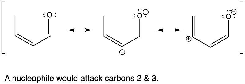 Three resonance structures with nucleophile attacking carbons 2 and 3.