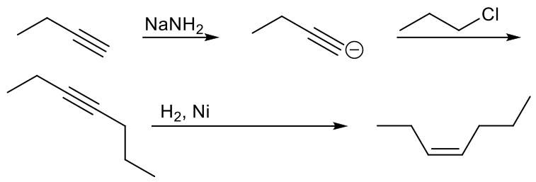 Stepwise chemical reaction showing synthesis of cis-hept-3-ene from but-1-yne using NaNH2, alkyl halide, and H2 with Ni catalyst.