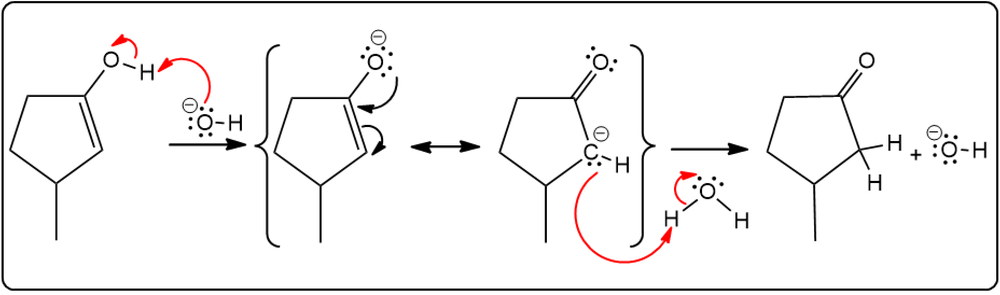 Detailed mechanism of enol isomerization to carbonyl with electron flow.