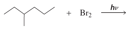 Chemical reaction showing an alkene reacting with bromine under light to form products.