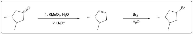 Synthetic scheme showing oxidation and bromination steps for 4-bromo-1,2-dimethylcyclopentane.