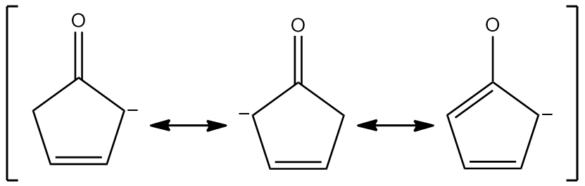 Three resonance structures of a compound with a hydroxyl group and a pentagonal ring.