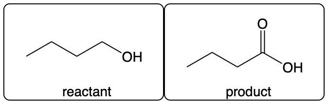 Structures of reactant with OH and product with O and OH from alcohol reaction with chromic acid.