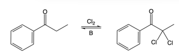 Chemical reaction mechanism showing acid-base catalysis with chlorination of a ketone.