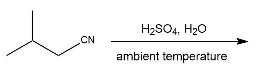 Chemical structure of a nitrile with reaction conditions for hydrolysis at ambient temperature.