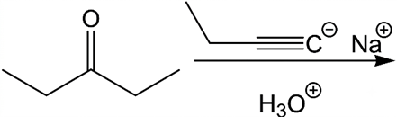 Chemical reaction showing a ketone reacting with sodium acetylide and acid to form the major addition product.
