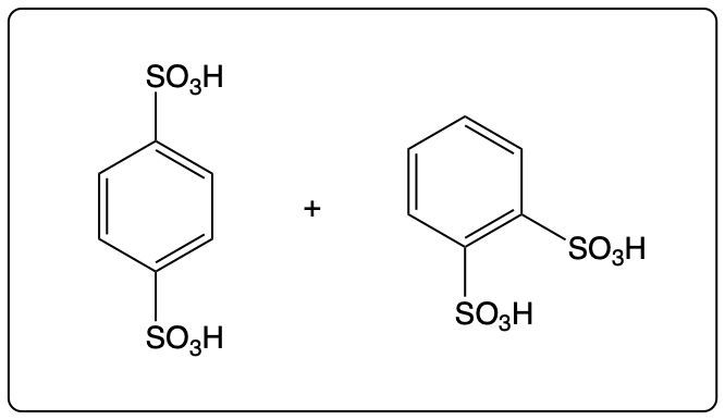 Reaction showing two sulfonic acid groups on aromatic compounds.