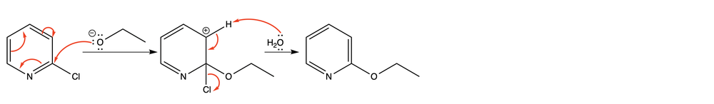 Detailed mechanism of nucleophilic aromatic substitution for 2-chloropyridine and sodium ethanolate.