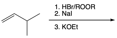 Reaction scheme showing 3-methyl-1-butene with reagents HBr/ROOR, NaI, and KOEt.