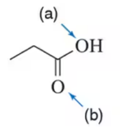 Diagram showing a molecule with labeled atoms (a) OH group and (b) O atom, indicating formal charge and lone pairs.