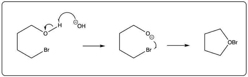Arrow-pushing mechanism illustrating hydroxide reaction with a compound, leading to a different product.