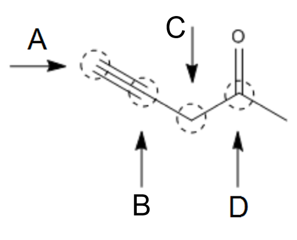 Skeletal structure of a molecule with labeled carbons A, B, C, and D, showing implied hydrogen counts.