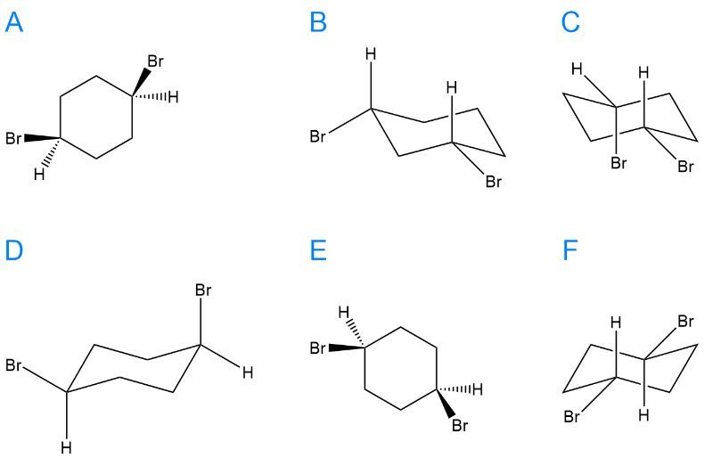 Structures A, B, C, D, E, and F for identifying compound relationships in organic chemistry.