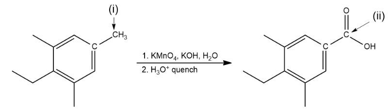 Chemical reaction showing oxidation of labeled carbons in organic chemistry.