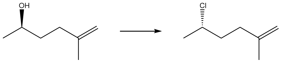 Chemical transformation from an alcohol to an alkyl chloride with reagents indicated.