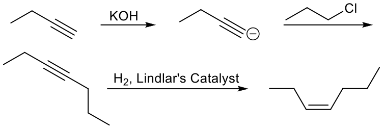 Stepwise chemical reaction showing synthesis of cis-hept-3-ene from but-1-yne using KOH and Lindlar's catalyst.