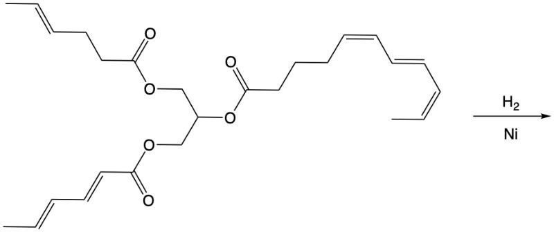 Chemical structure showing hydrogenation of a triglyceride with H2 and Ni.