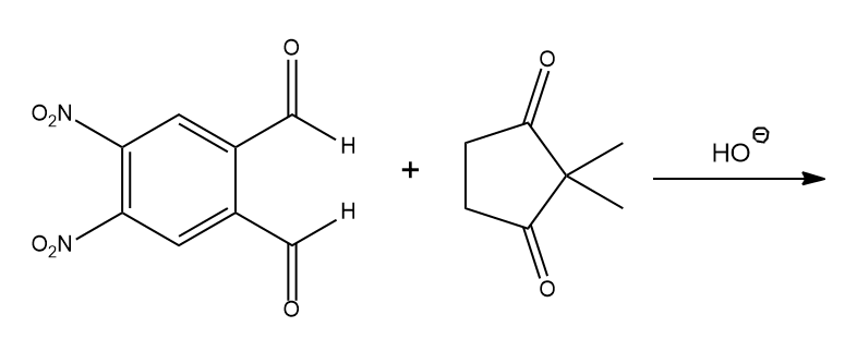 Chemical reaction showing reactants and product in organic chemistry.