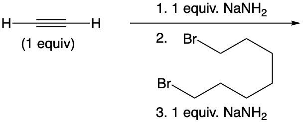 Acetylide alkylation reaction steps with reactants and products.