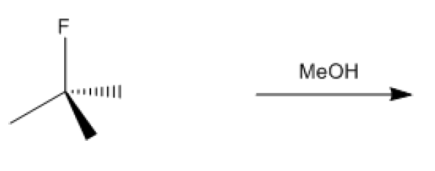 Organic molecule with fluorine undergoing substitution reaction with methanol, showing stereochemistry and reaction arrow.