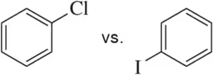 Chemical structures of chlorobenzene and iodobenzene with a "vs." label, comparing their boiling/melting points.