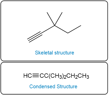 Skeletal and condensed structures for 3,3-dimethyl-1-pentyne.