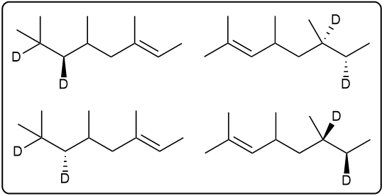 Four possible products of hydrogenation showing varied deuterium placements.