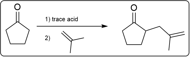 Enolate alkylation with trace acid and bromide starting from cyclopentanone.