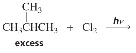 Chemical reaction showing alkane with chlorine under light, indicating excess reactant for halogenation process.
