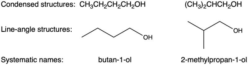 Condensed and line-angle structures for butan-1-ol and 2-methylpropan-1-ol.